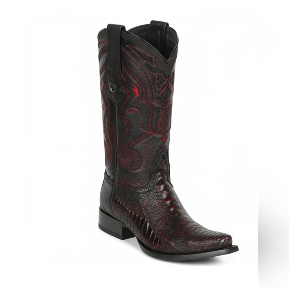 EUC Los Altos Black Cherry Ostrich Leg Western Boots Snip Toe